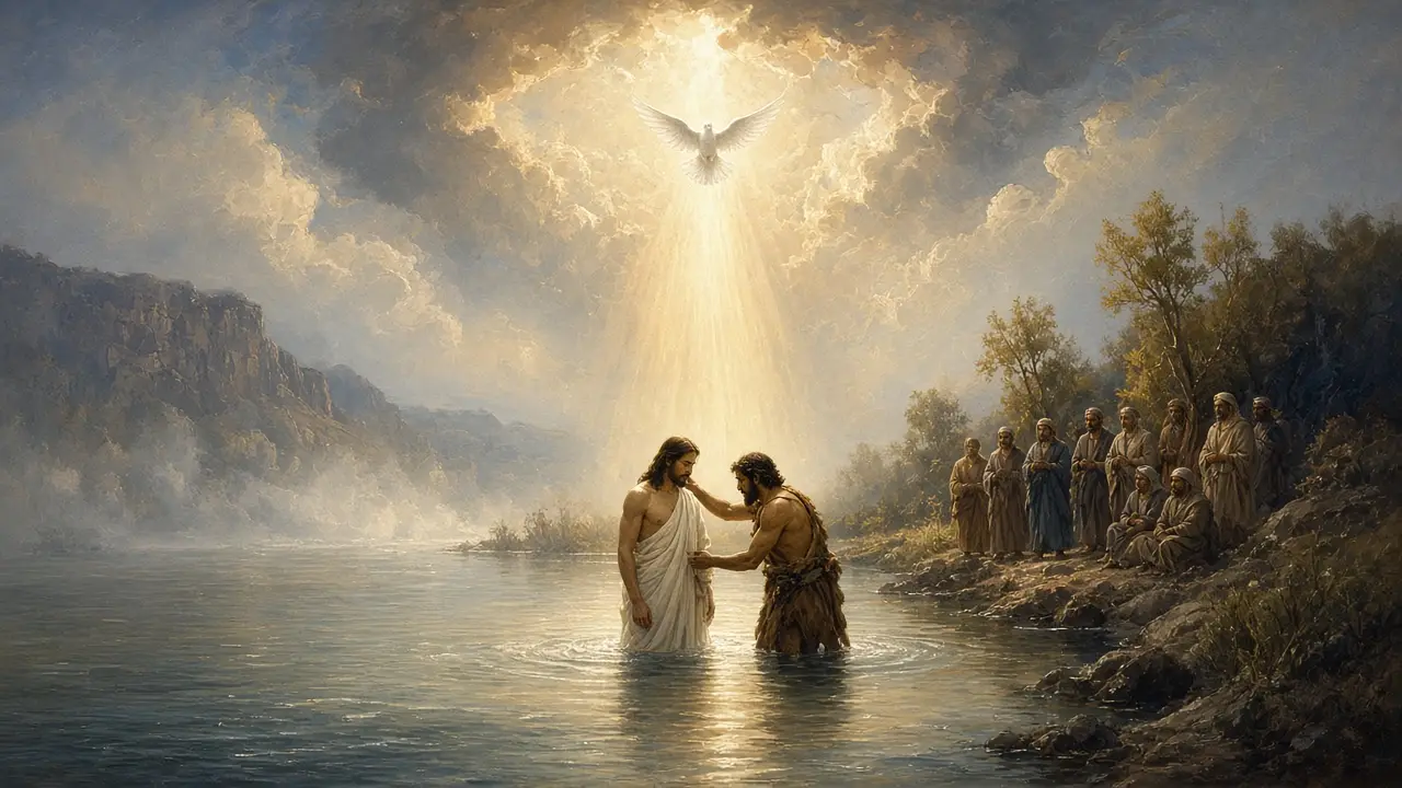 Painting of John baptizing Jesus in a river as a dove descends in a beam of light and people watch from the shore
