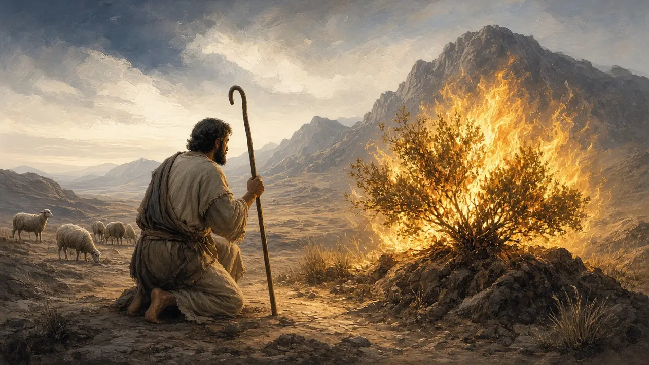 Painting of Moses kneeling with a shepherd’s staff before a blazing bush in a mountain wilderness, sheep nearby
