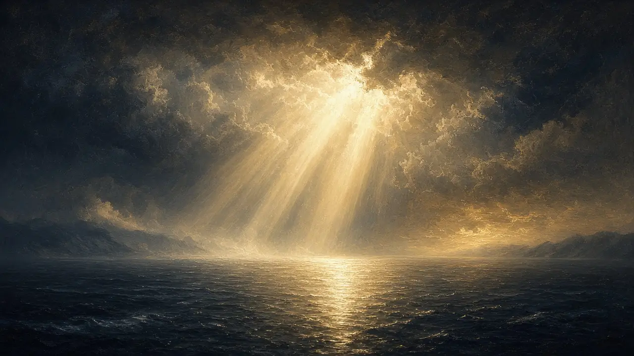 Painting of golden rays of light breaking through dark clouds over a vast, still sea