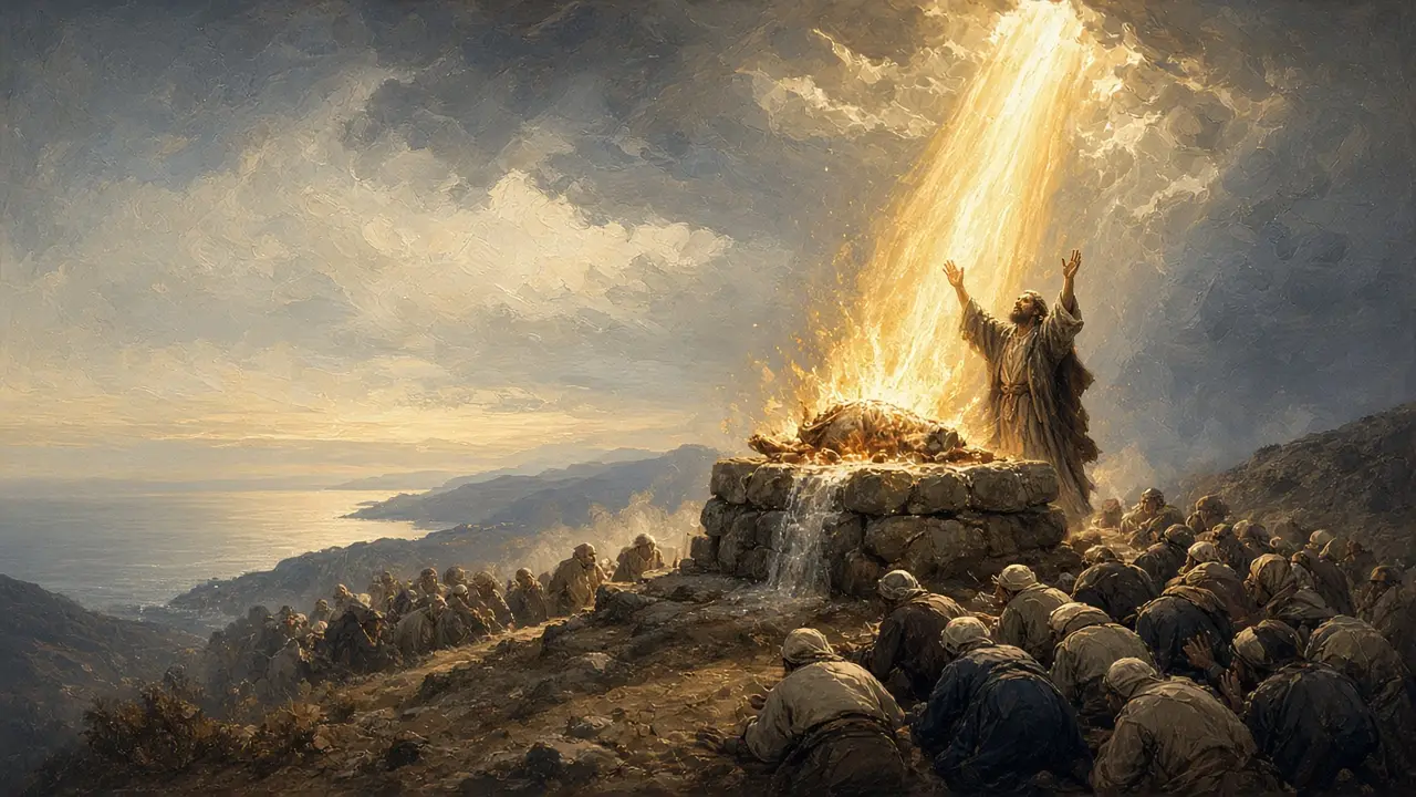 Painting of Elijah raising his arms as a column of fire falls on a stone altar while a crowd kneels on the mountainside