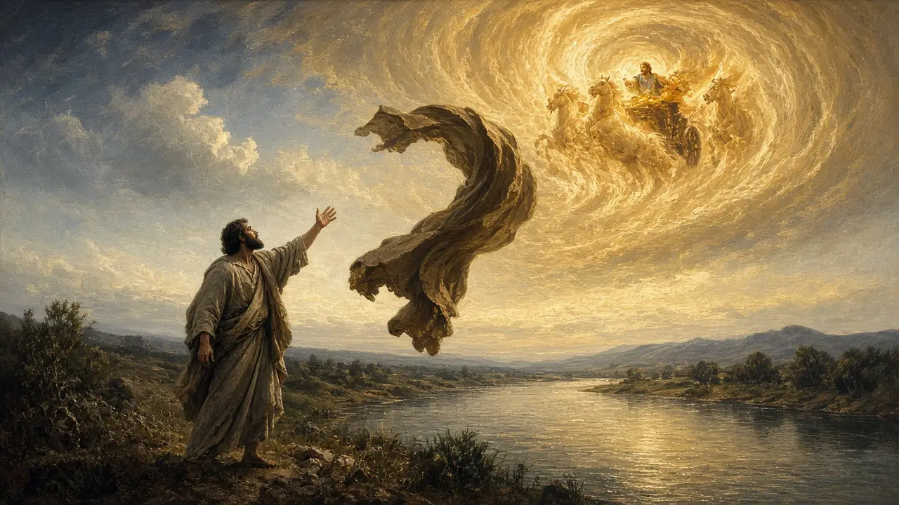 Painting of Elisha reaching upward as a fiery chariot and horses vanish into a swirling golden whirlwind and Elijah’s cloak falls