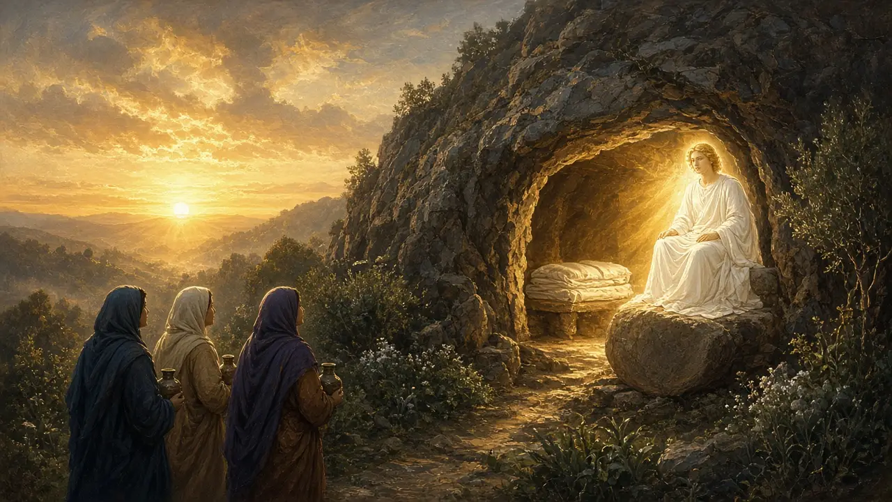 Painting of three women approaching an open rock tomb at sunrise where a radiant angel sits beside the empty burial place