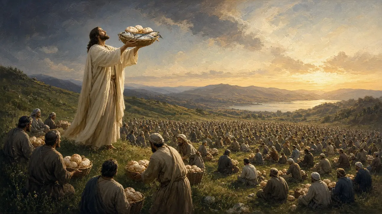 Painting of Jesus lifting a basket of bread toward the sky above a vast crowd seated on green hillsides
