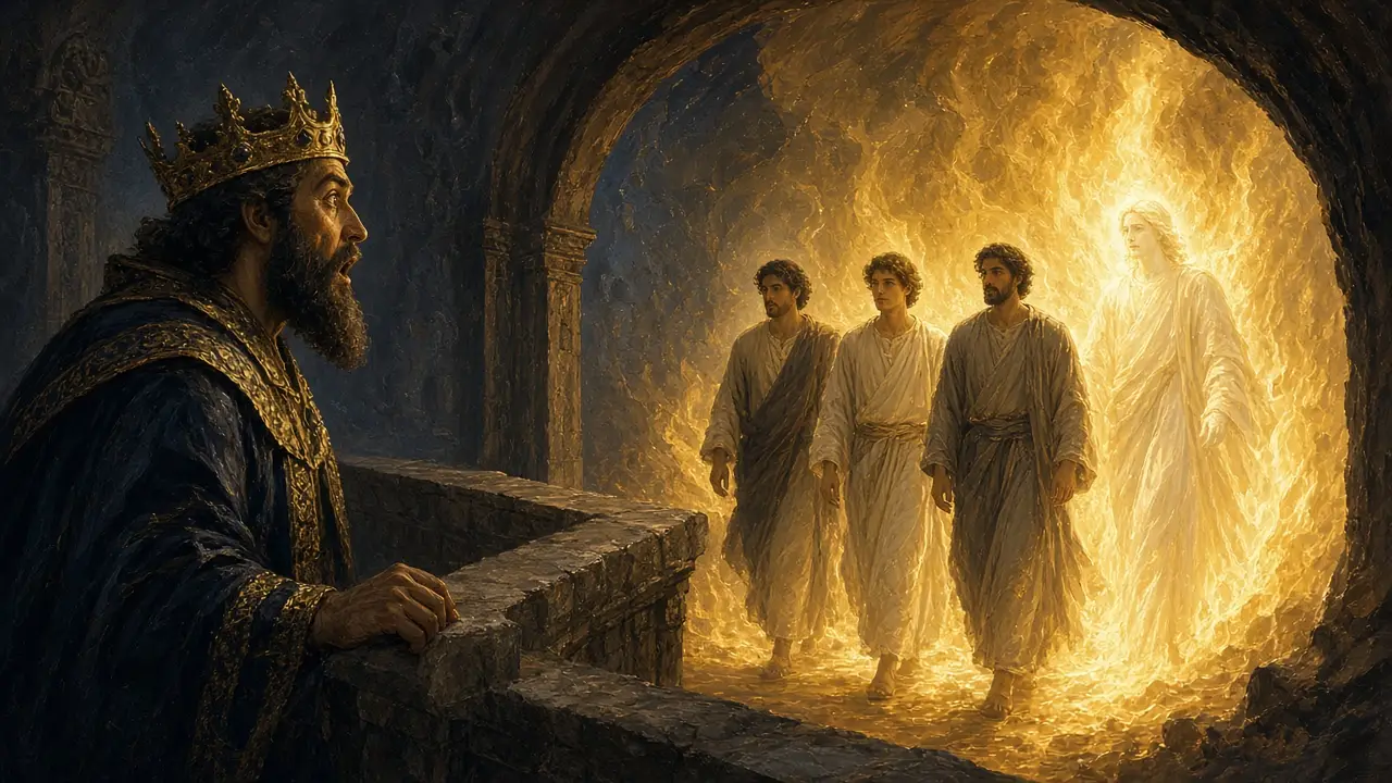 Painting of King Nebuchadnezzar staring into a blazing furnace where three men and a radiant fourth figure walk unharmed