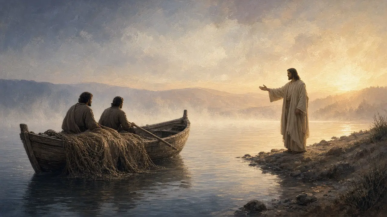 Painting of Jesus on a misty lakeshore beckoning to two fishermen in a boat with their nets