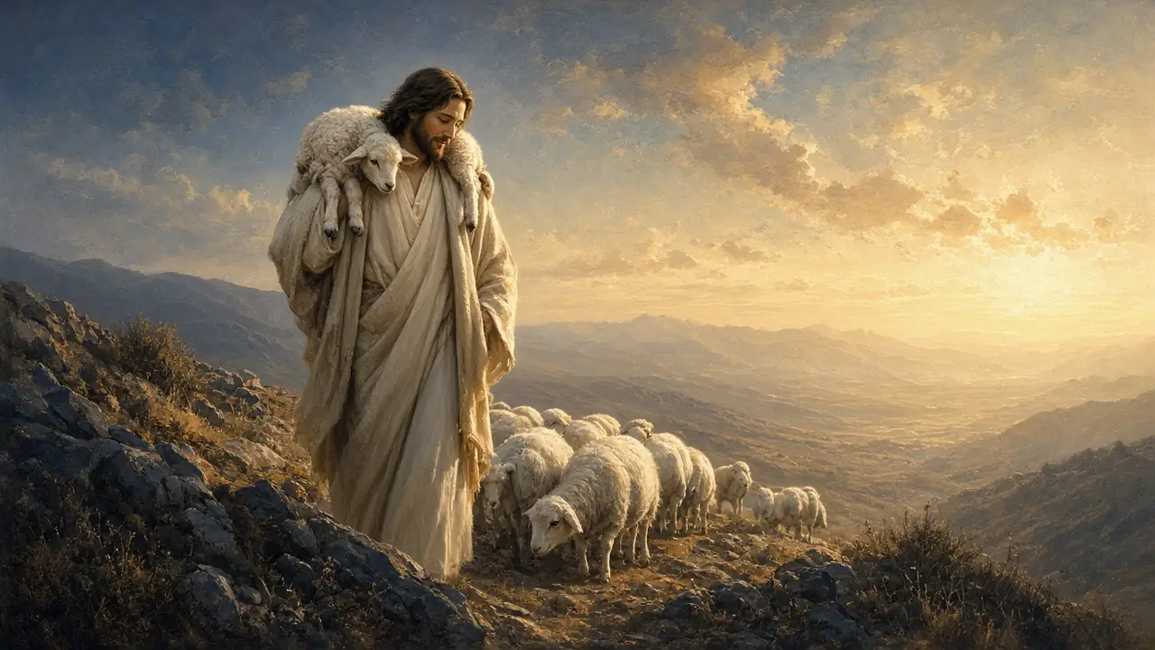 Painting of Jesus carrying a lamb across His shoulders on a mountainside, with a flock of sheep following
