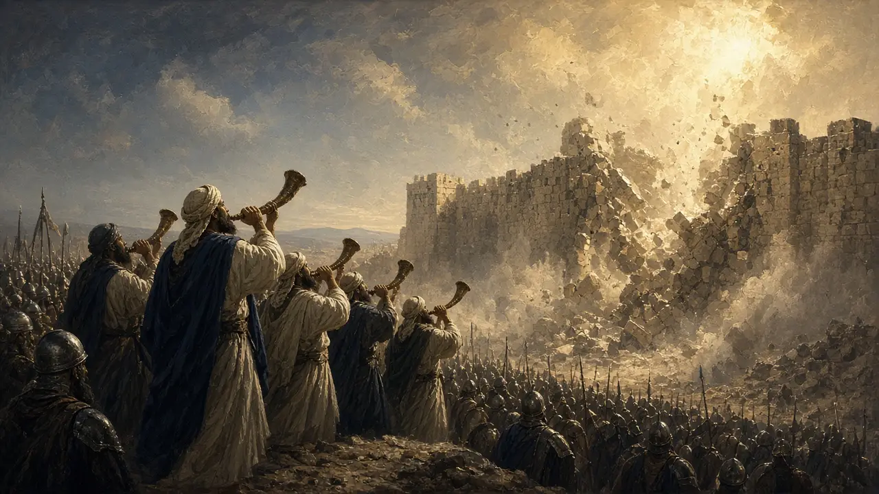 Painting of priests blowing ram’s-horn trumpets as Jericho’s great stone walls crumble in clouds of dust