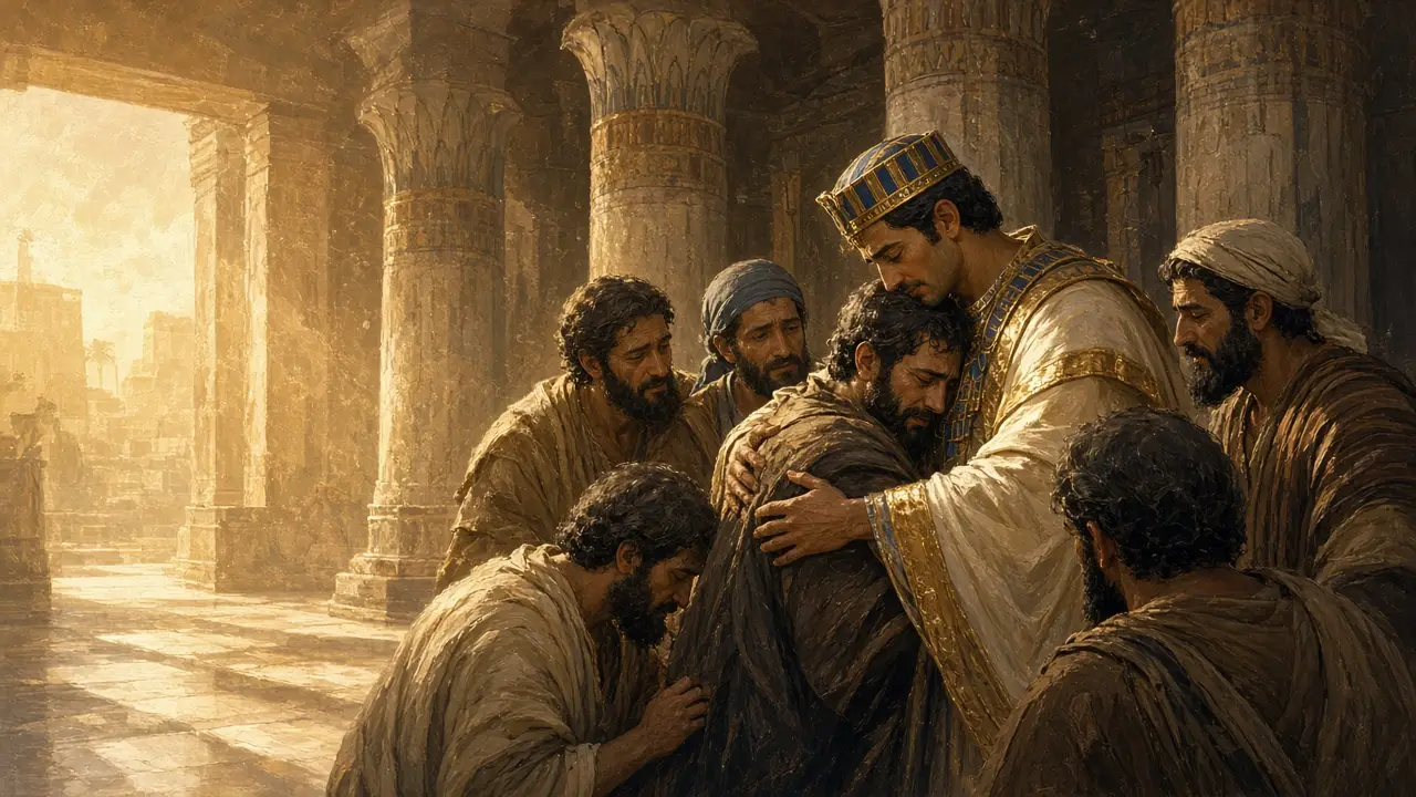 Painting of Joseph in Egyptian robes and headdress embracing his weeping brothers in a pillared hall