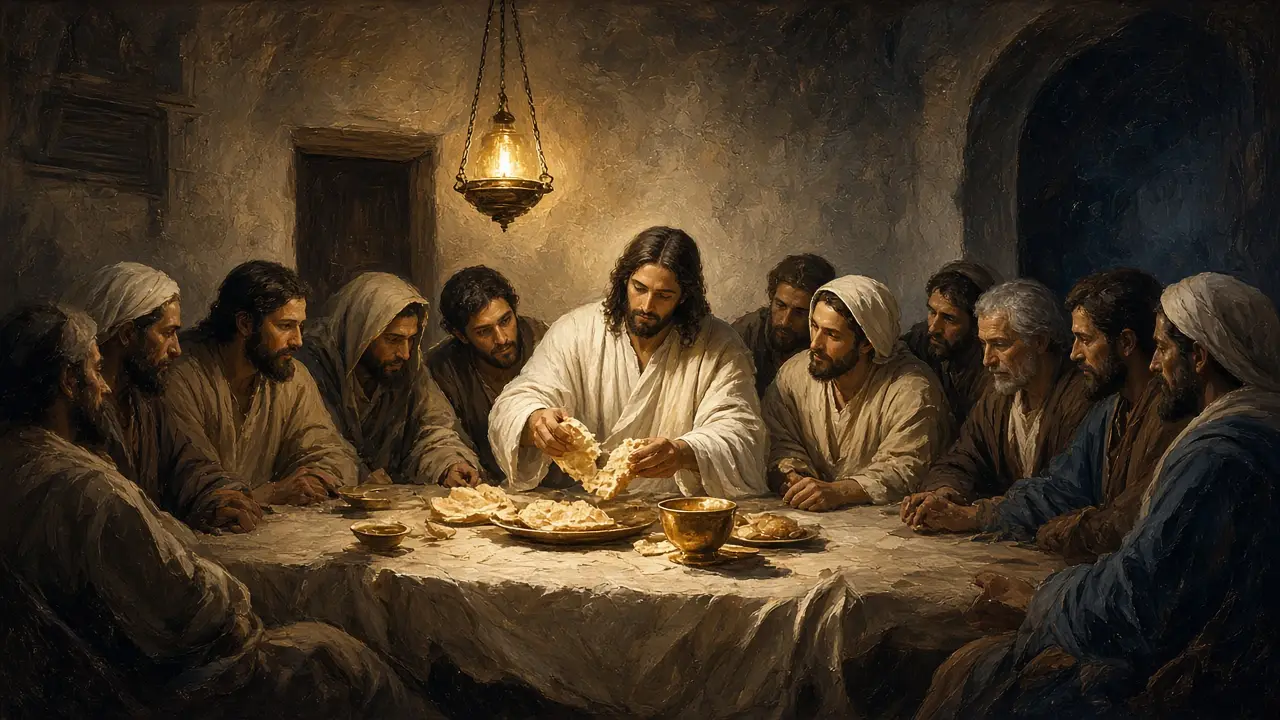 Painting of Jesus breaking bread at a long table with His disciples beneath a hanging oil lamp
