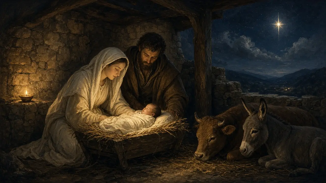 Painting of Mary and Joseph gazing at the infant Jesus in a straw manger, an ox and donkey beside them and a bright star outside