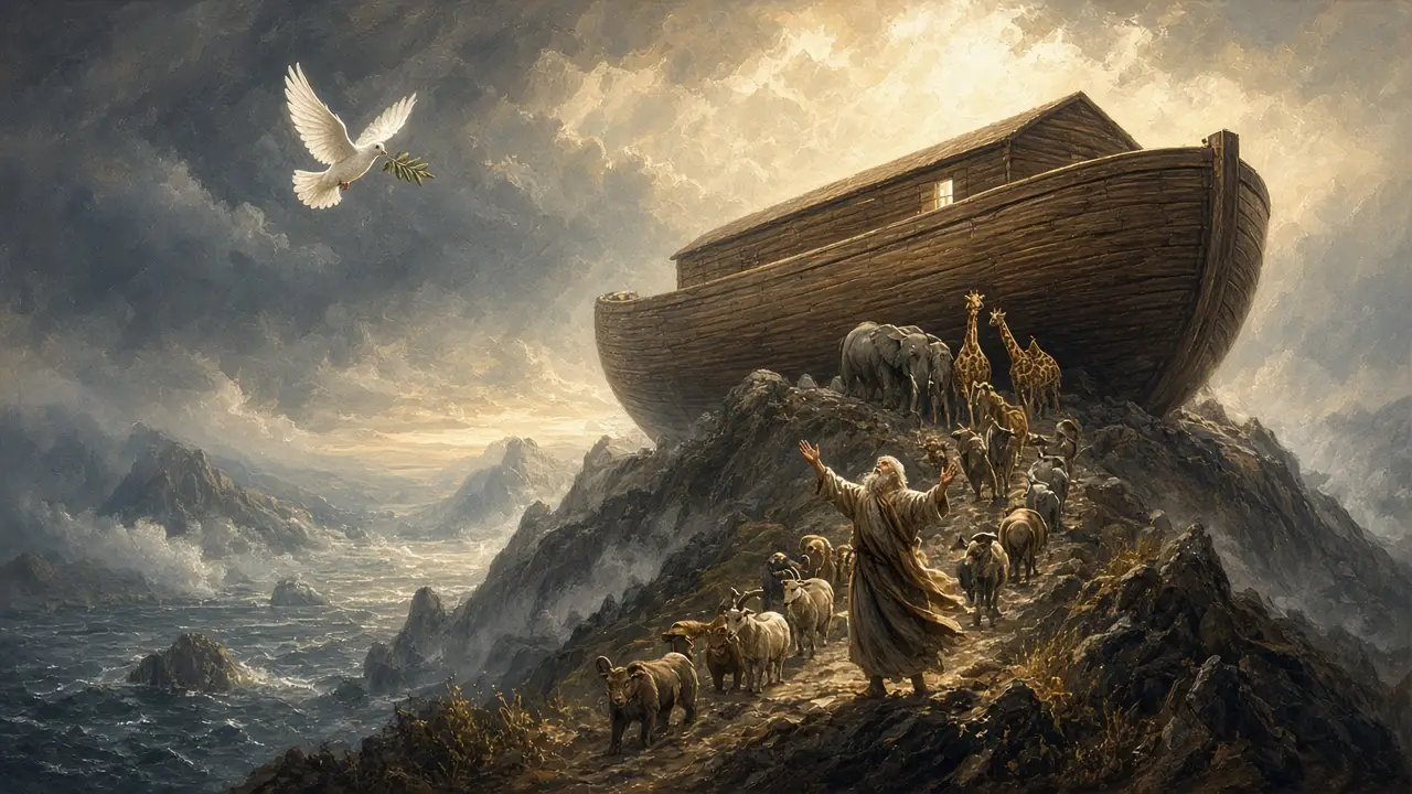 Painting of a dove with an olive branch flying toward a great wooden ark resting on a mountain as animals file down past Noah
