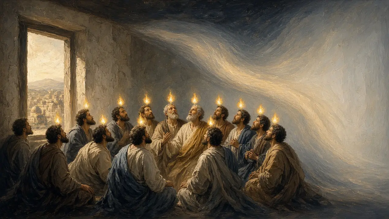 Painting of the disciples gathered in an upper room with small flames above their heads as a sweeping wind of light enters