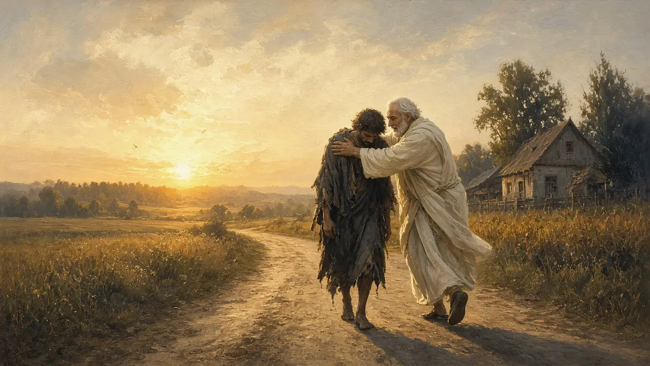 Painting of an elderly father embracing his ragged returning son on a dirt road at sunset, a farmhouse behind them
