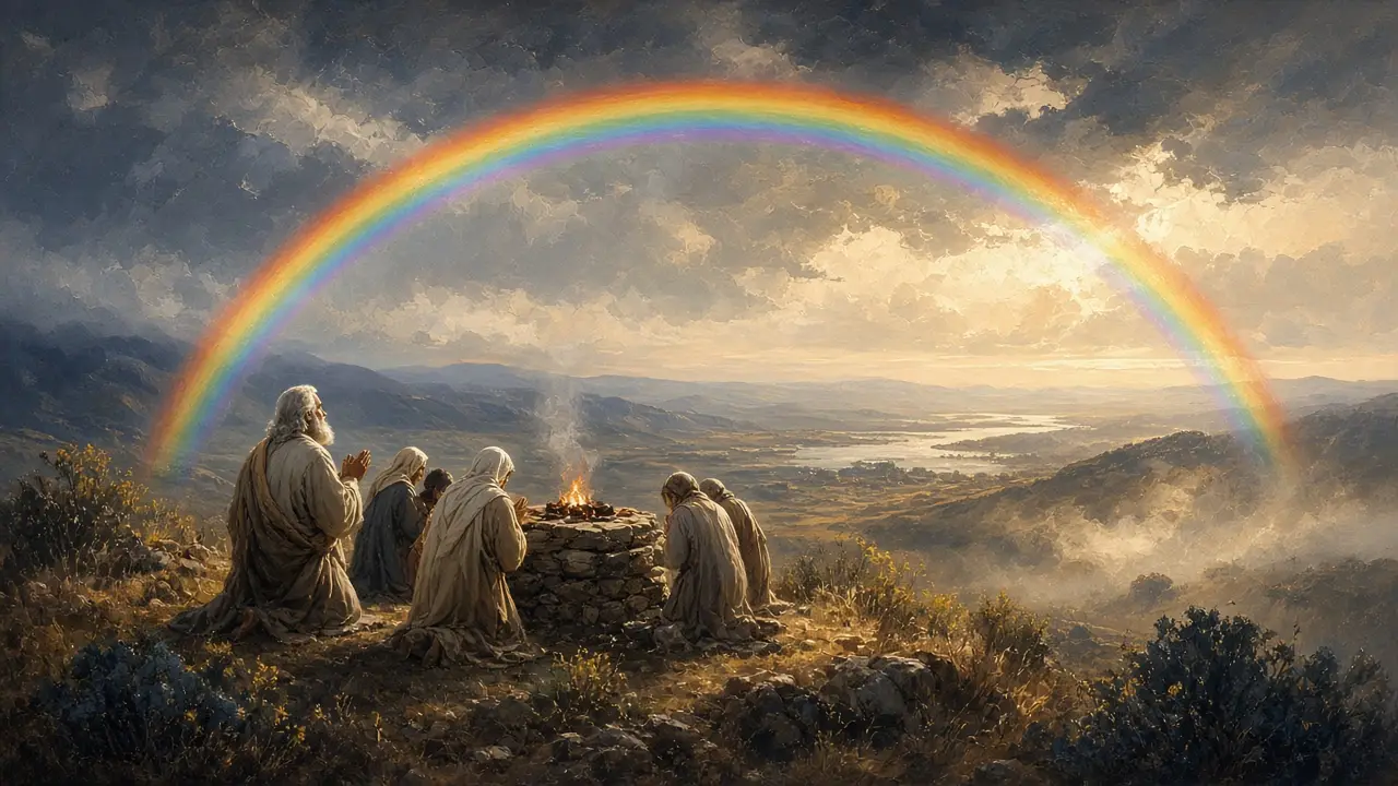 Painting of Noah’s family kneeling by a smoking altar on a hillside beneath a bright rainbow
