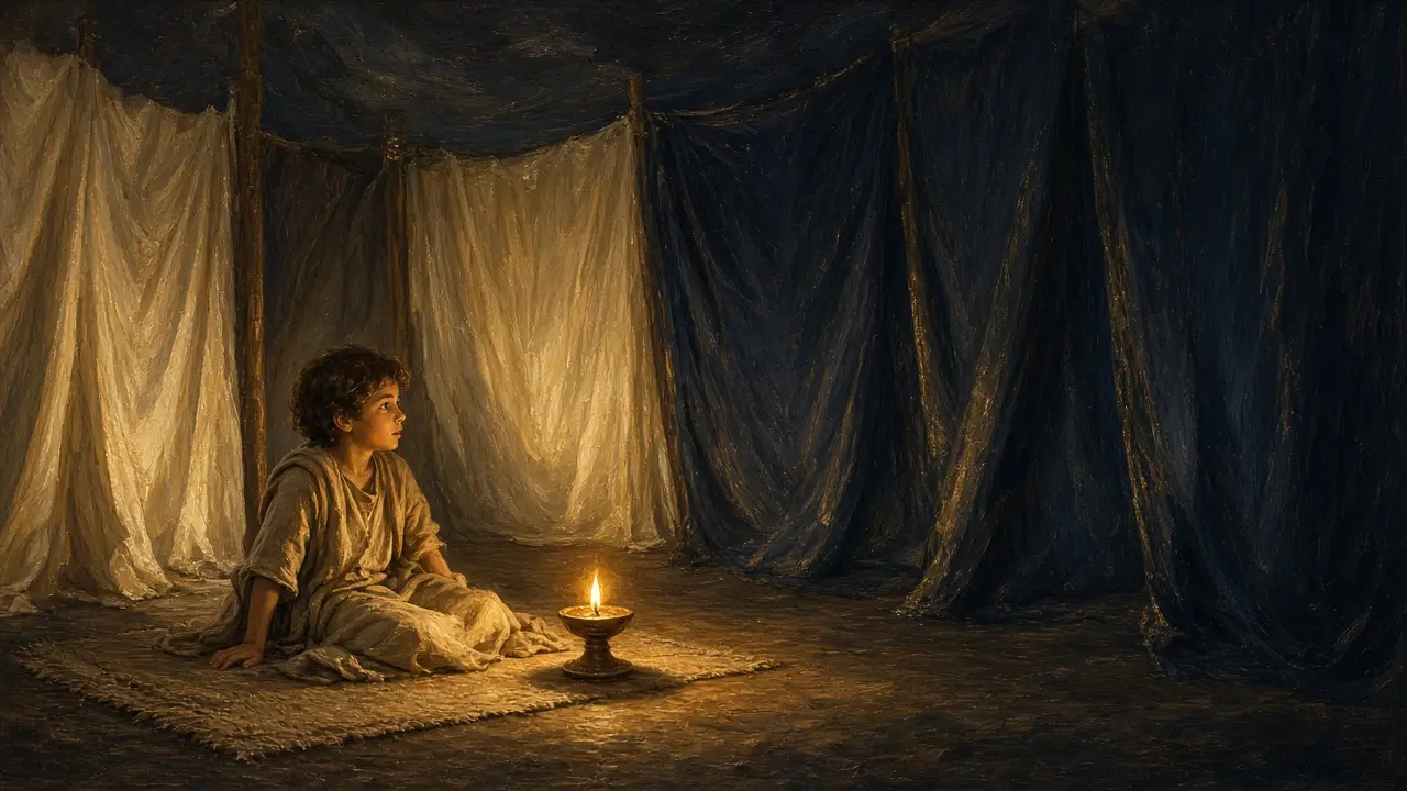 Painting of the boy Samuel sitting up on a mat by an oil lamp inside a dim tabernacle of curtains
