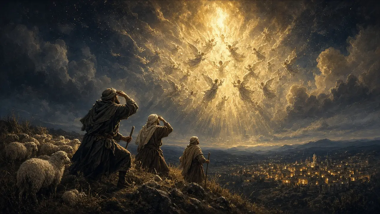 Painting of shepherds on a hillside shielding their eyes from a bright host of angels in the night sky above Bethlehem