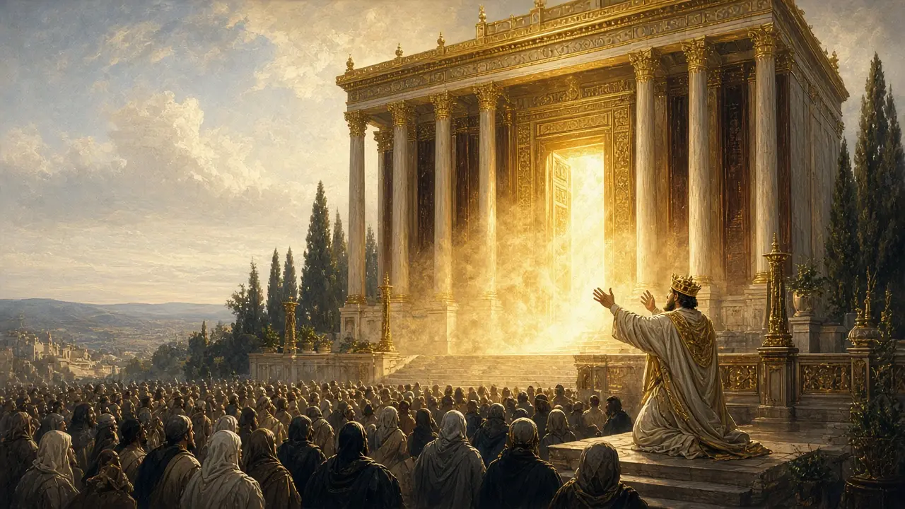 Painting of King Solomon kneeling with arms raised before the gleaming temple as light pours from its doors over a crowd