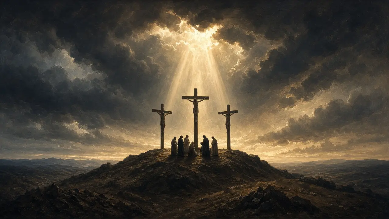 Painting of three crosses on a dark hilltop under storm clouds with a beam of light falling on the center cross and mourners below