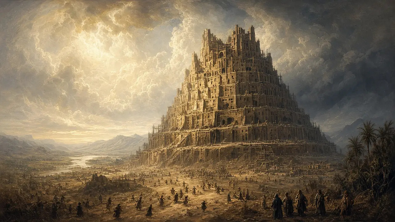 Painting of an enormous terraced tower rising from a plain under storm clouds, with crowds of tiny figures around its base