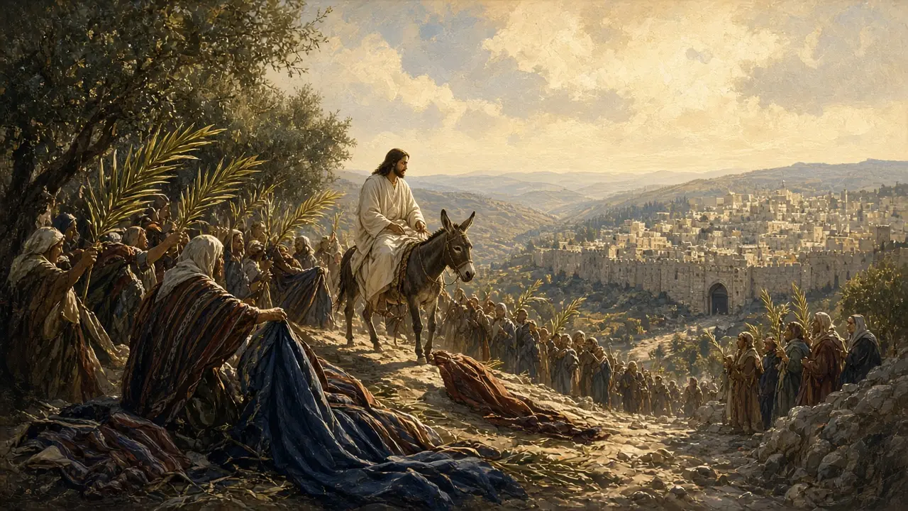 Painting of Jesus riding a donkey down a hillside toward Jerusalem as people lay cloaks and palm branches on the road