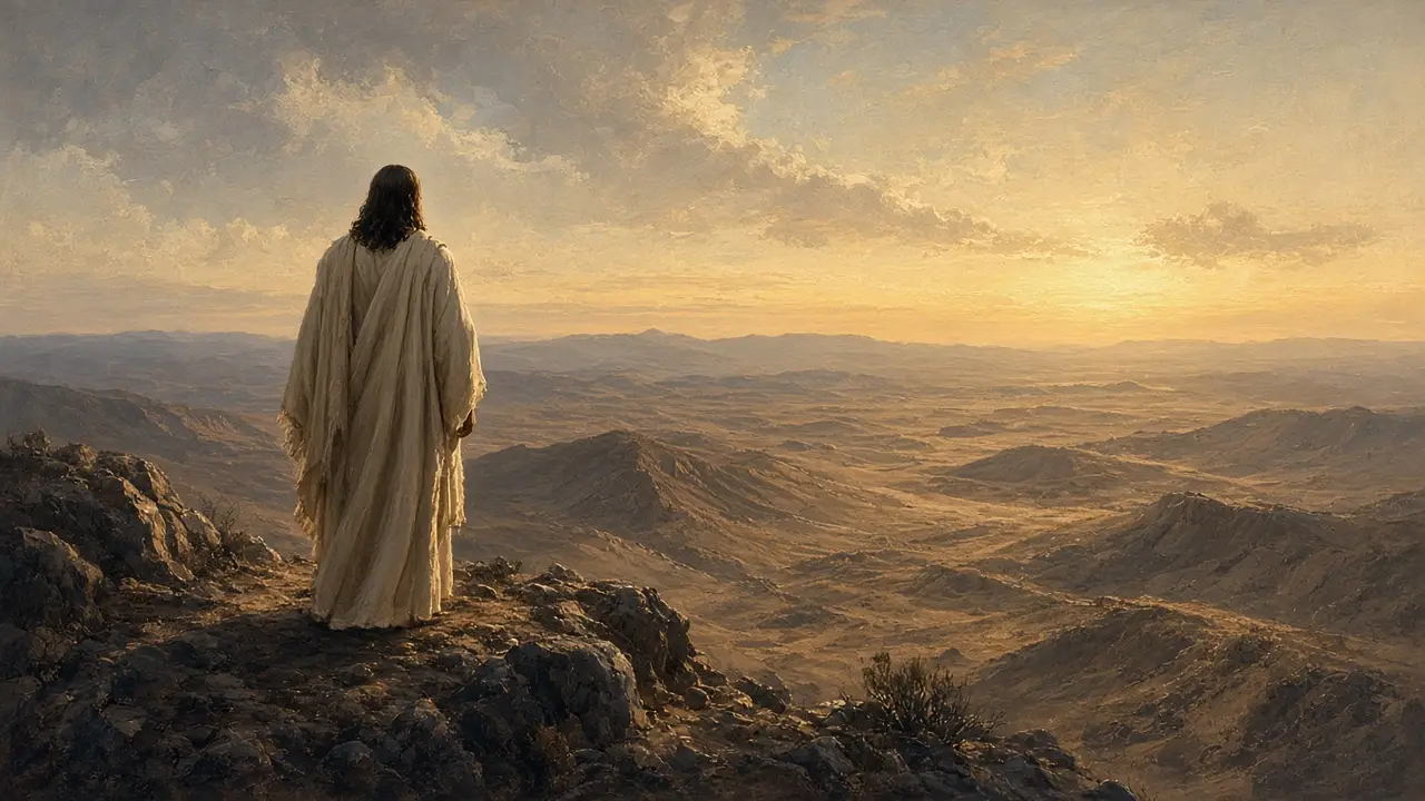 Painting of Jesus seen from behind standing on a rocky ledge overlooking a vast desert wilderness at dusk