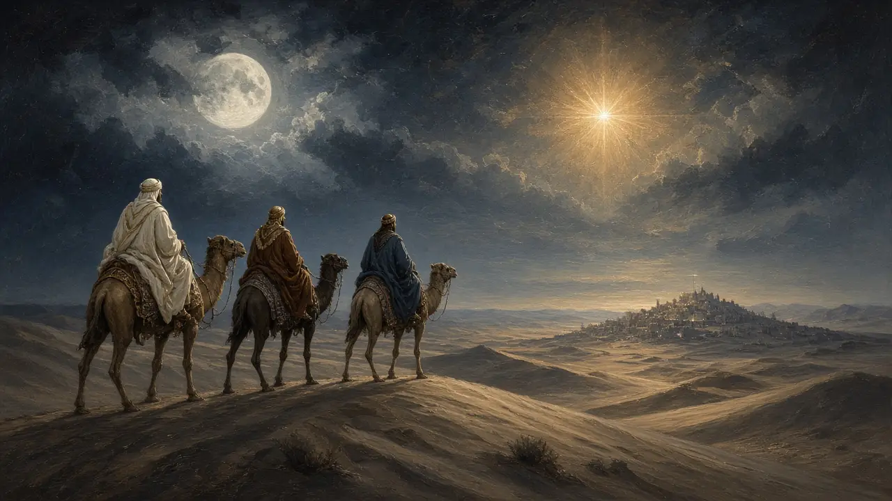 Painting of three robed travelers on camels crossing moonlit desert dunes toward a bright star above a distant town